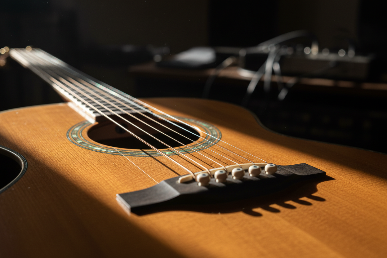 Close up of an acoustic guitar